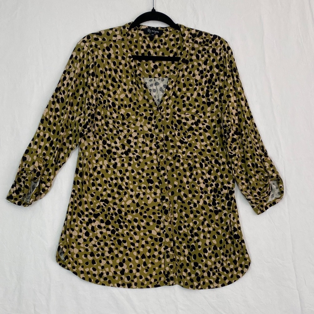 Lily Morgan Long Line Blouse Spotted V Neck Size Large